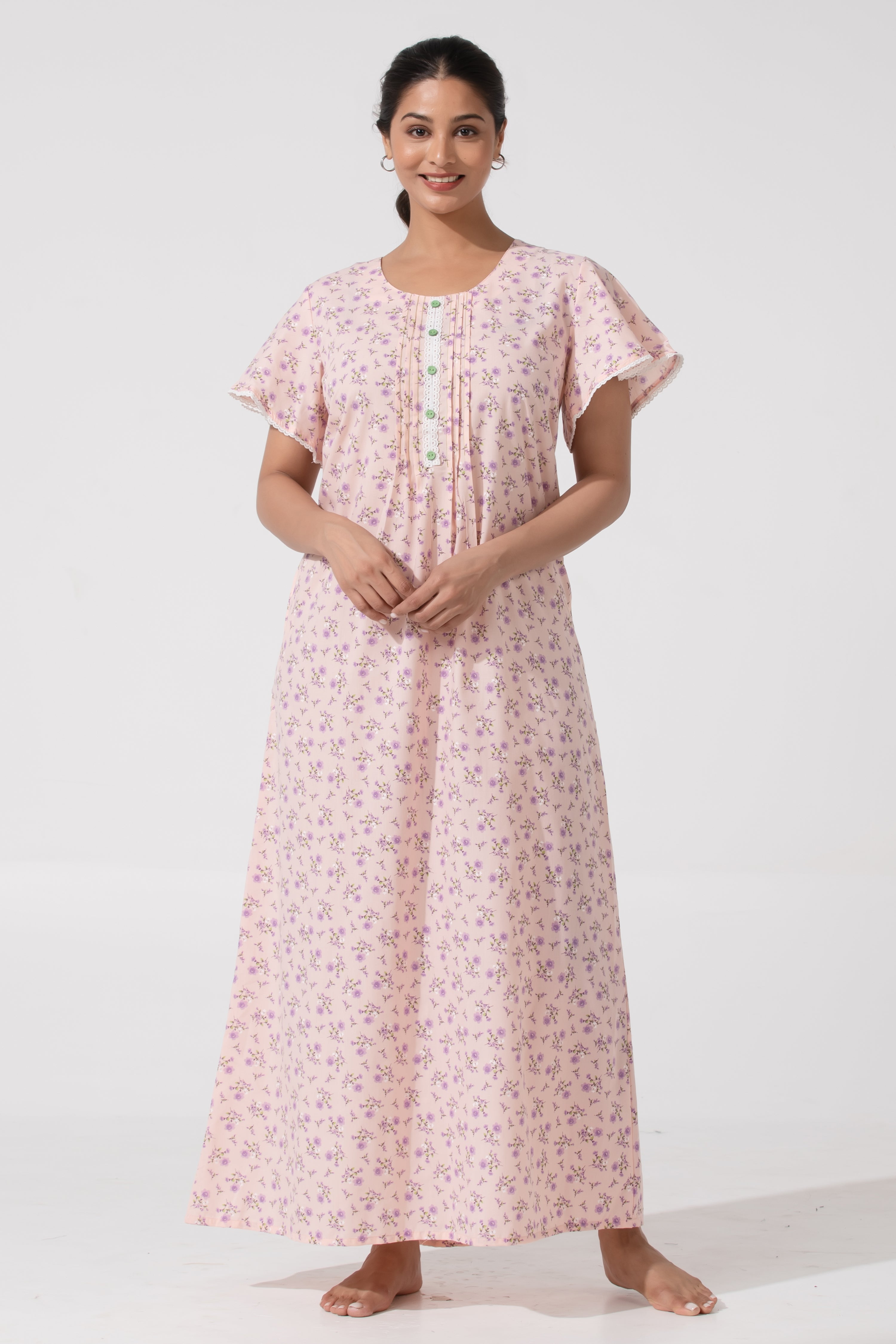 Baby Pink Floral Cotton Nighty & Pink Tuck Yoke