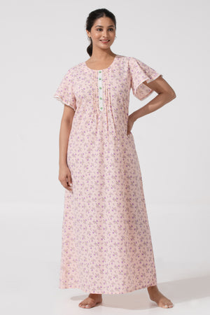 Baby Pink Floral Cotton Nighty & Pink Tuck Yoke