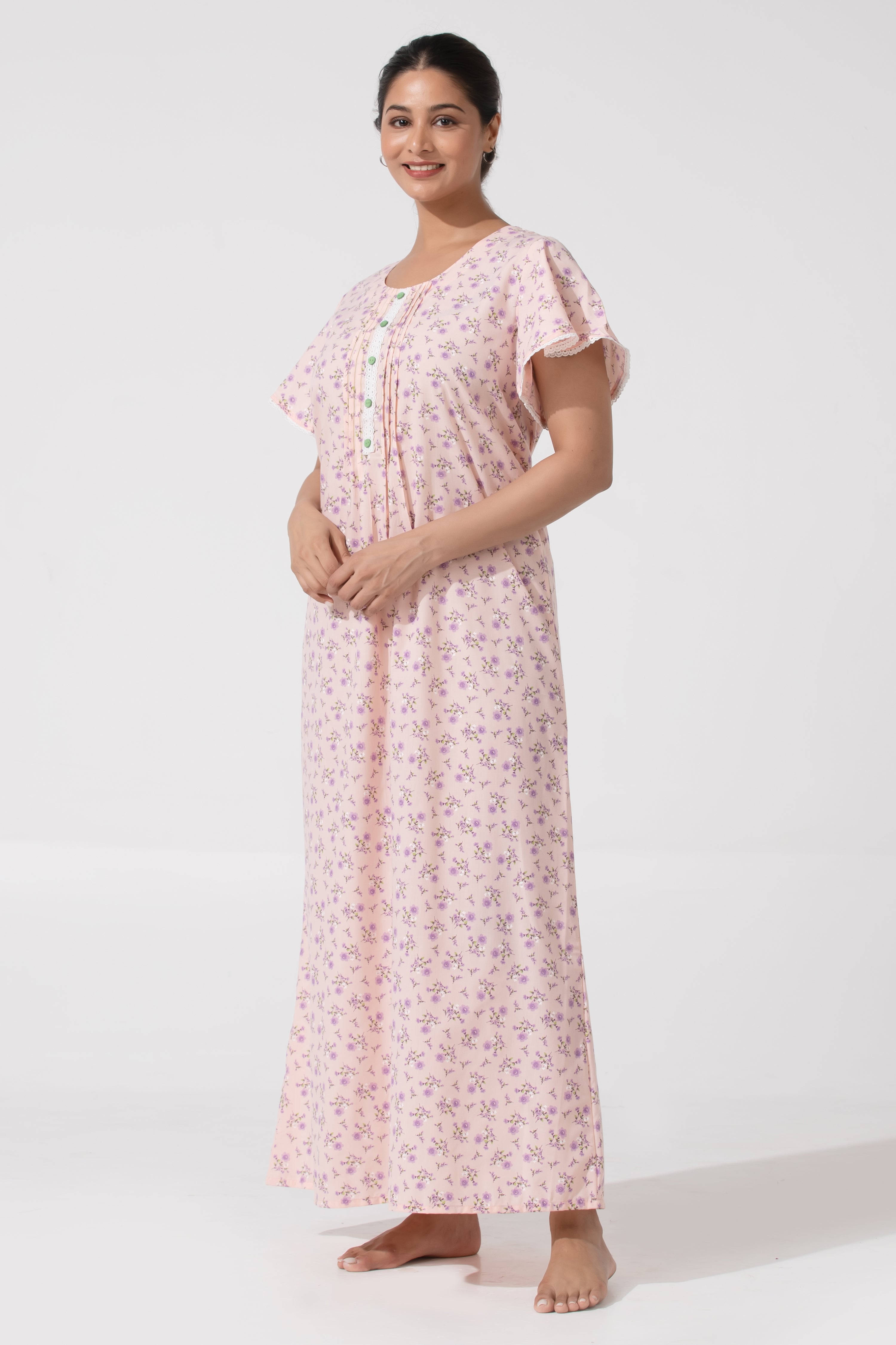 Baby Pink Floral Cotton Nighty & Pink Tuck Yoke