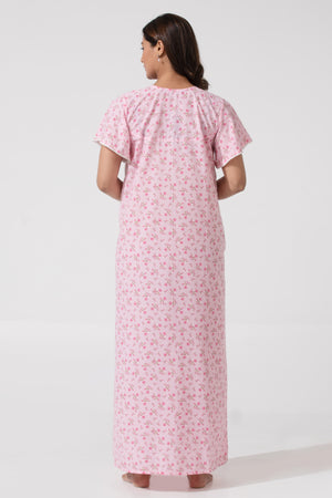 Pink Floral Printed Cotton Nighty with Lace Design