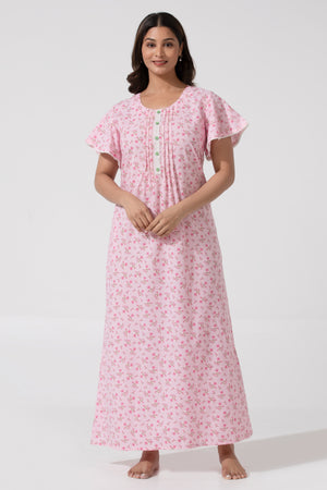 Pink Floral Printed Cotton Nighty with Lace Design