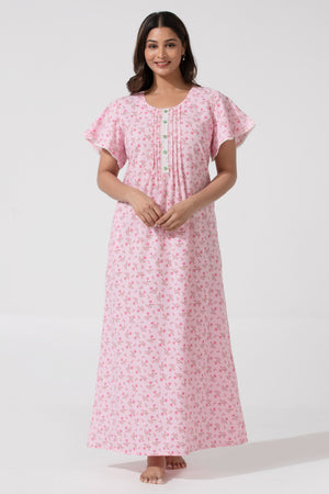 Pink Floral Printed Cotton Nighty with Lace Design