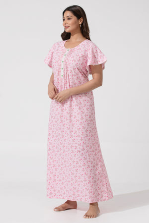 Pink Floral Printed Cotton Nighty with Lace Design