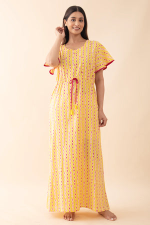 Shibori Foil Mirror Embellished Nighty with Waist Tie-up - Yellow