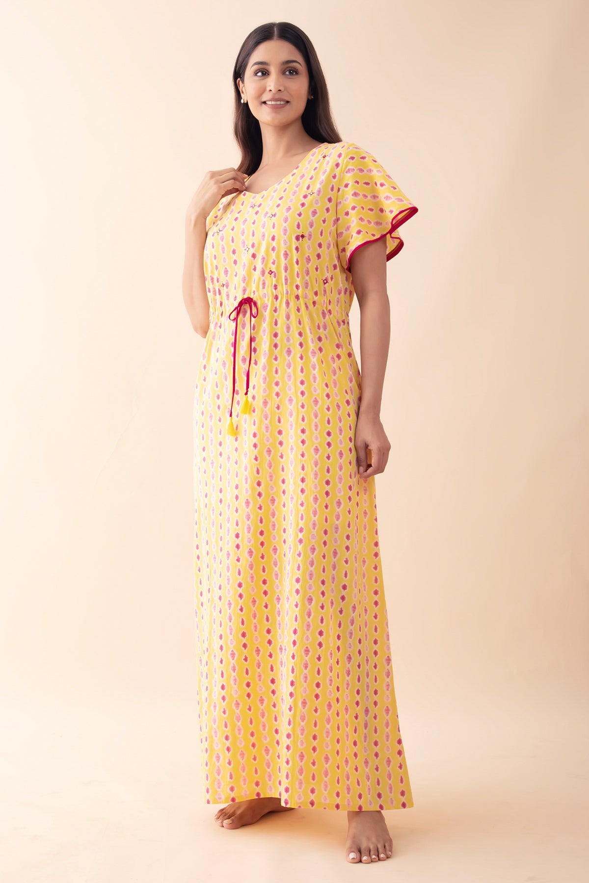 Shibori Foil Mirror Embellished Nighty with Waist Tie-up - Yellow