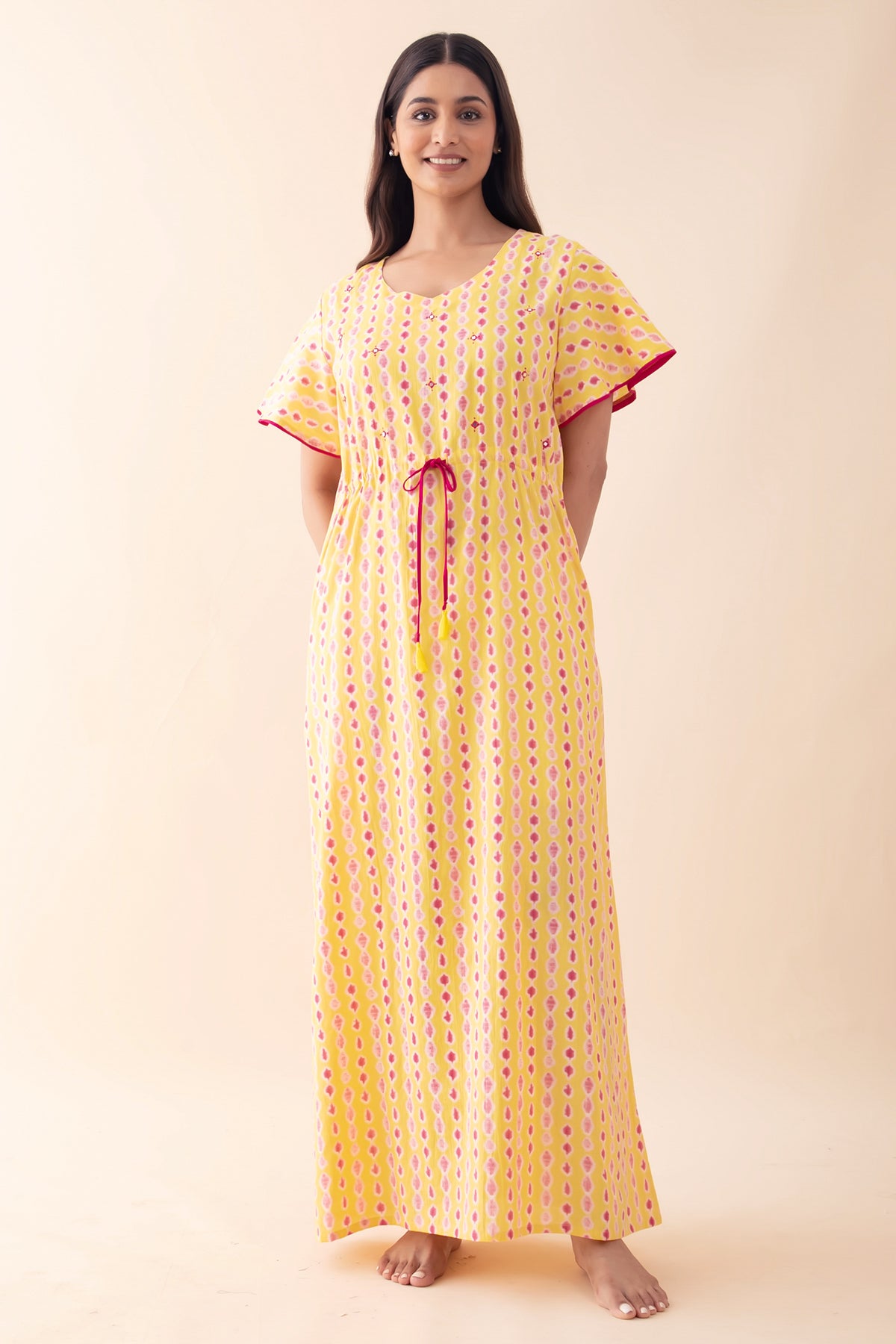 Shibori Foil Mirror Embellished Nighty with Waist Tie-up - Yellow