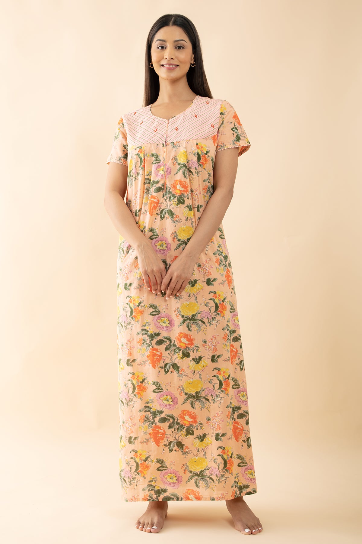 Floral Printed Cotton Nighty with Foil Mirror - Peach