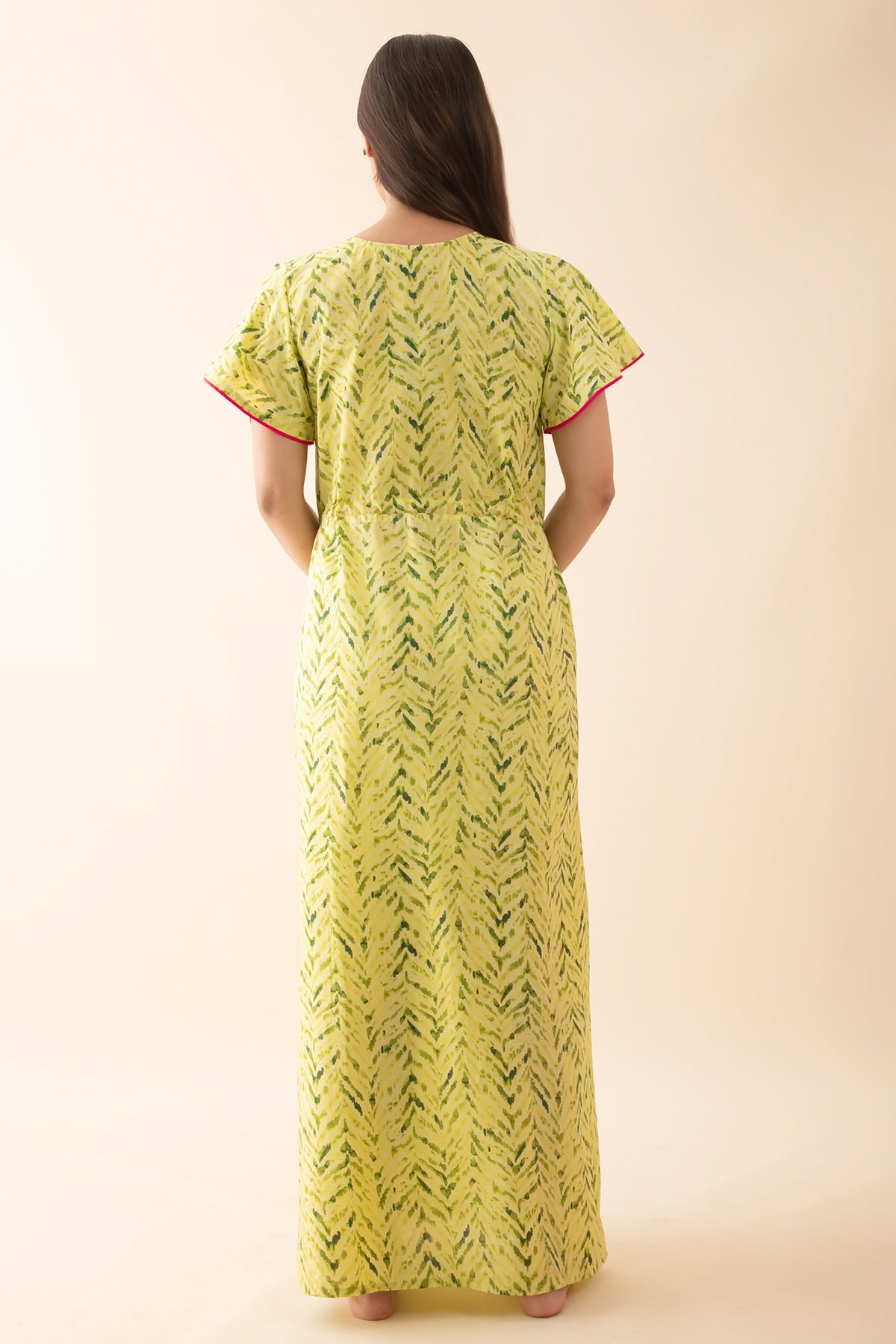 Abstract Printed Nighty with Waist Tie-up - Green