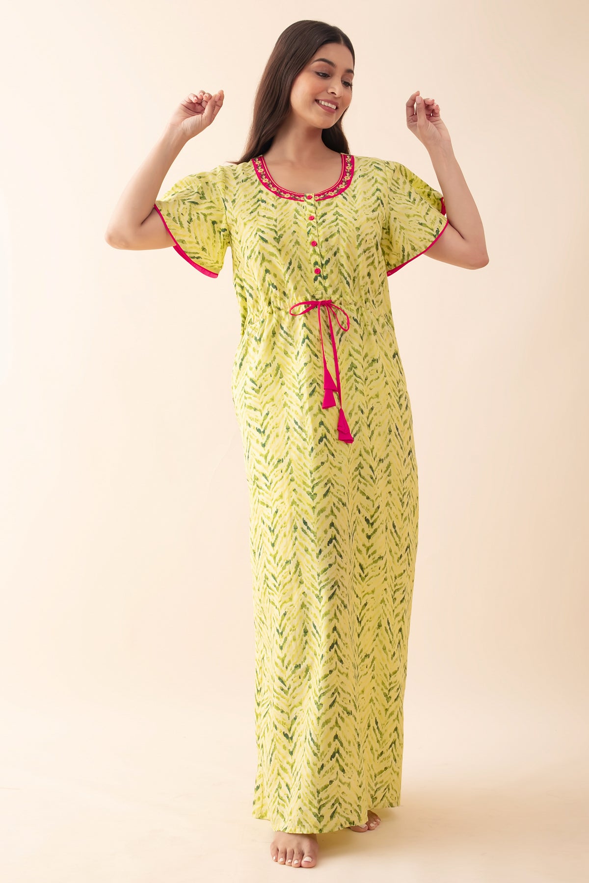 Abstract Printed Nighty with Waist Tie-up - Green