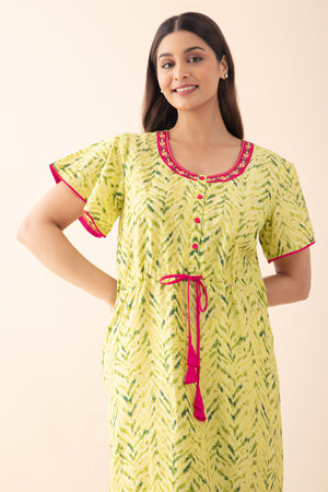 Abstract Printed Nighty with Waist Tie-up - Green