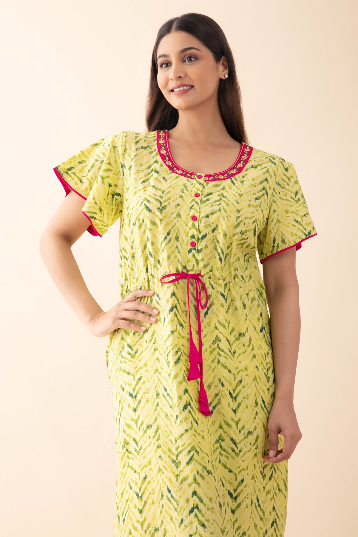 Abstract Printed Nighty with Waist Tie-up - Green