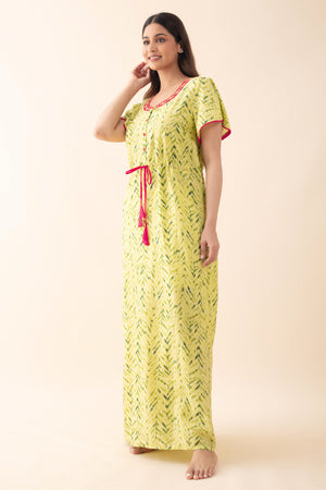 Abstract Printed Nighty with Waist Tie-up - Green