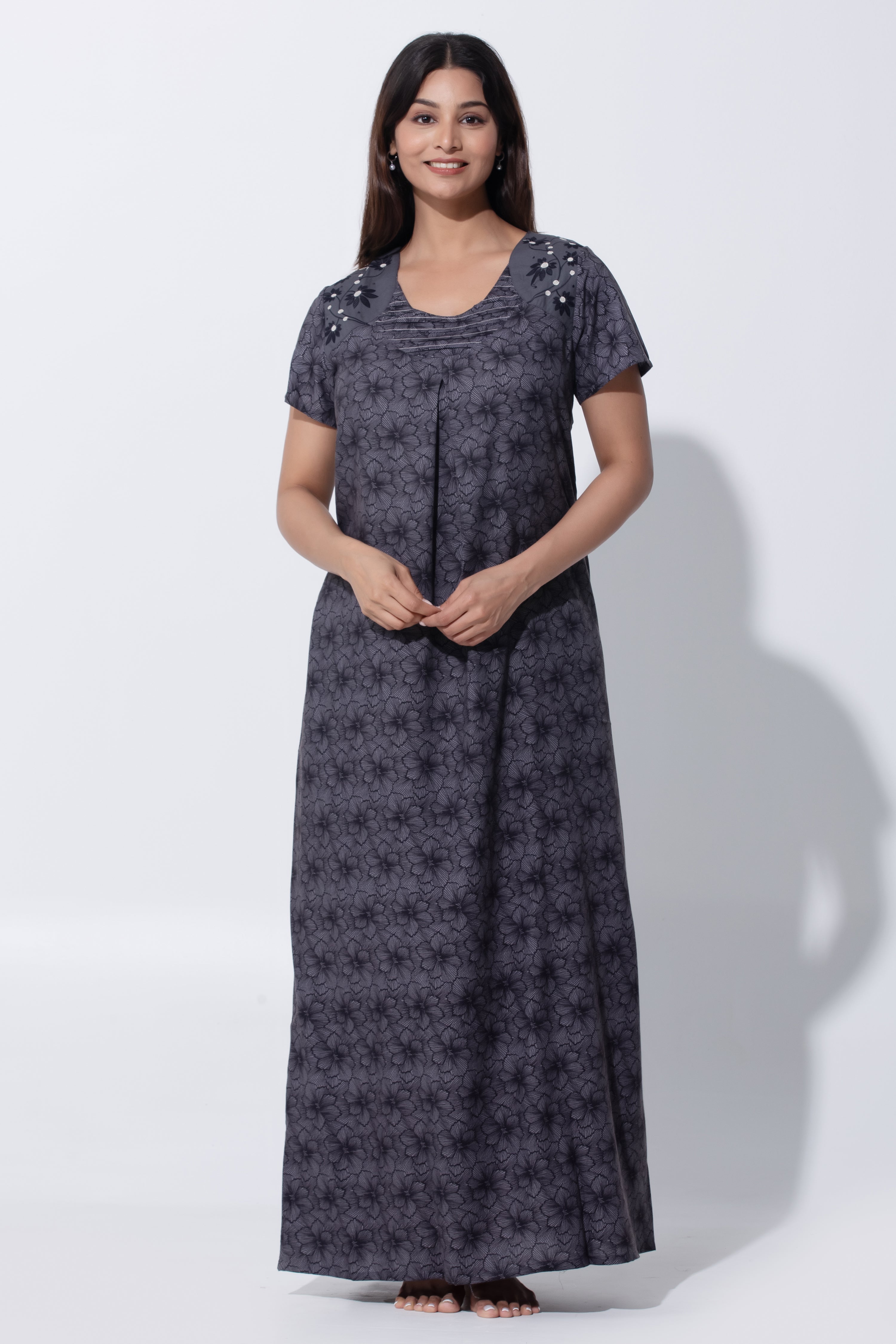 Black Poly cotton Nighty with Pin Tuck Design