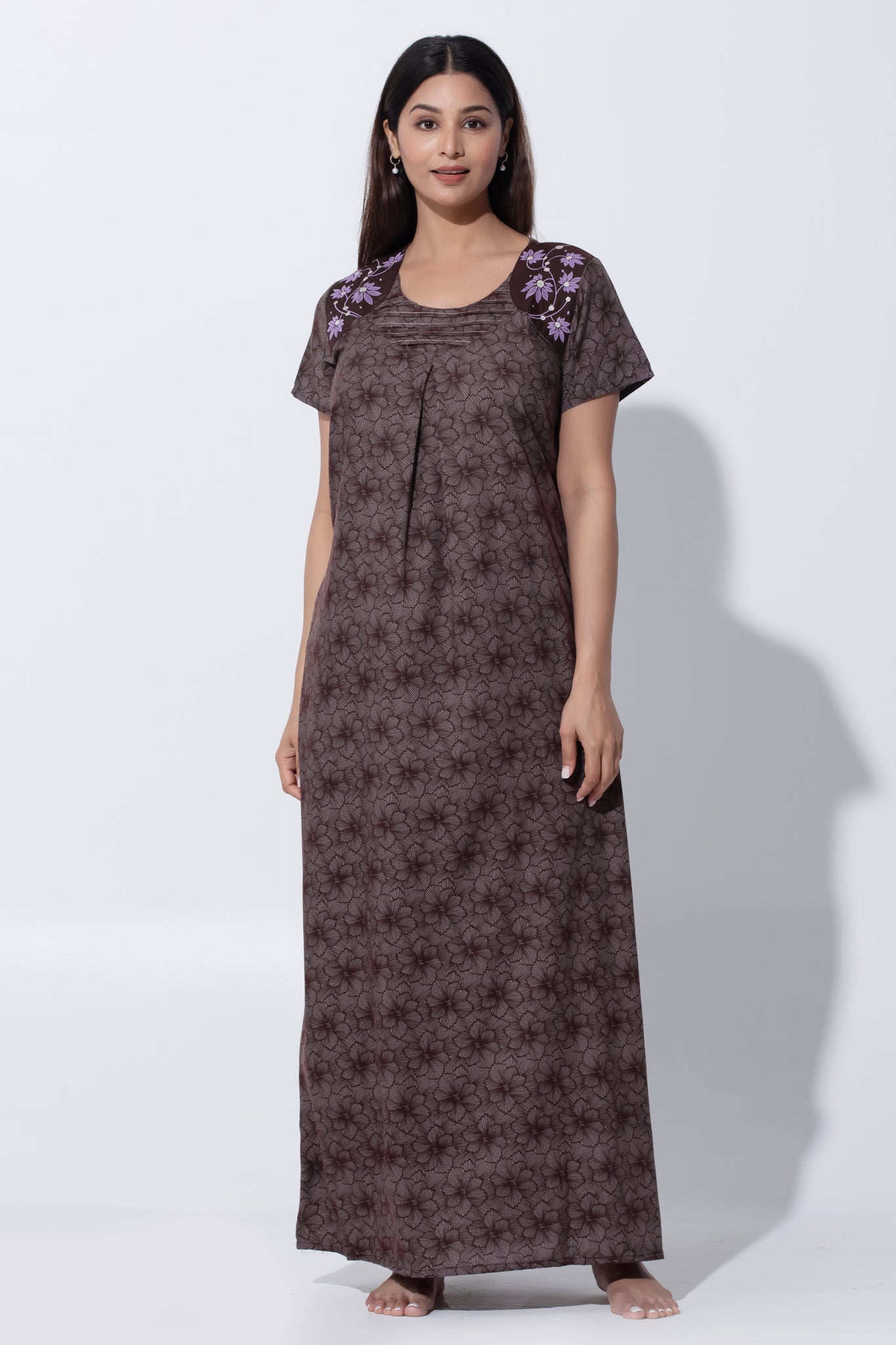 Dark Brown Poly cotton Nighty with Pin Tuck Design