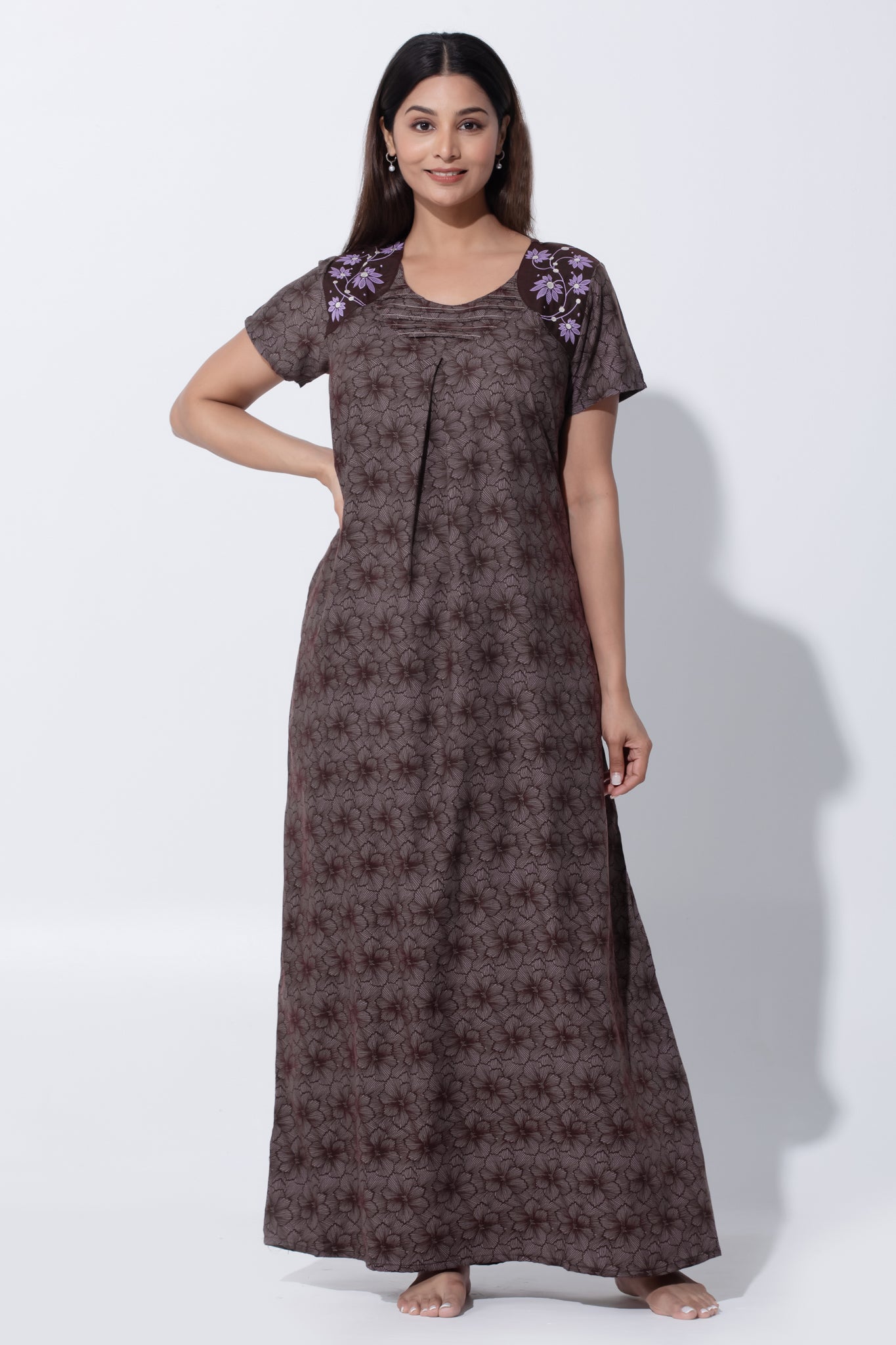 Dark Brown Poly cotton Nighty with Pin Tuck Design