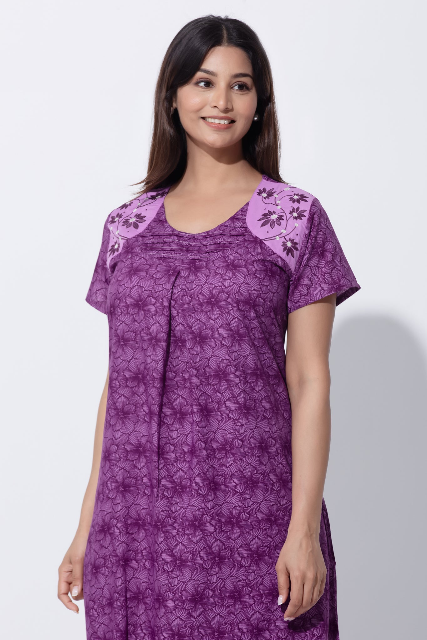 Purple Viscose Nightwear with Floral & Pink Tuck Yoke