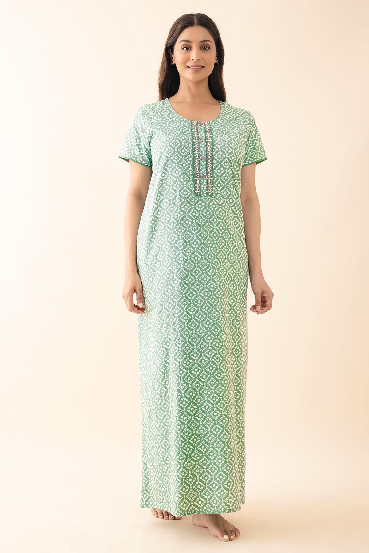 Bandhani Printed Floral Embroidered Nighty - Green