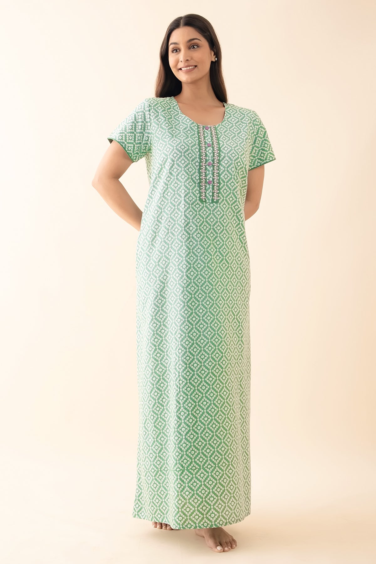 Bandhani Printed Floral Embroidered Nighty - Green