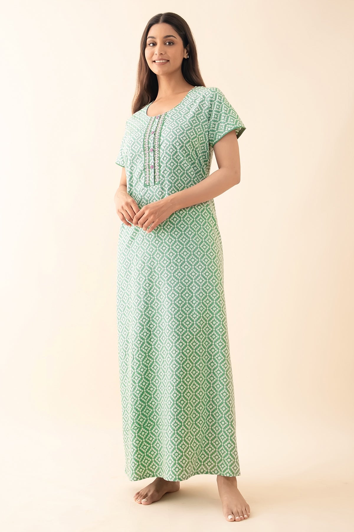 Bandhani Printed Floral Embroidered Nighty - Green