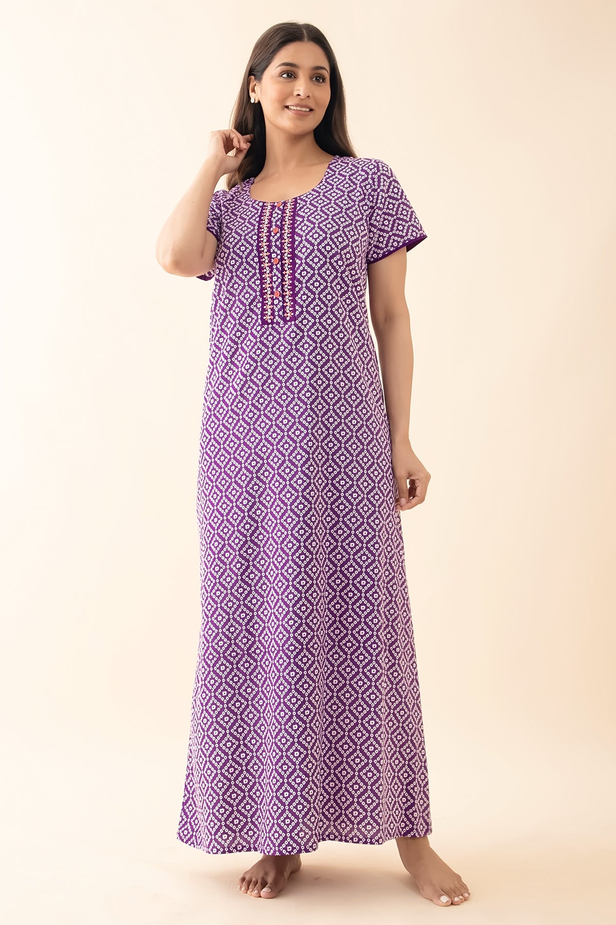 Bandhani Printed Floral Embroidered Nighty - Purple