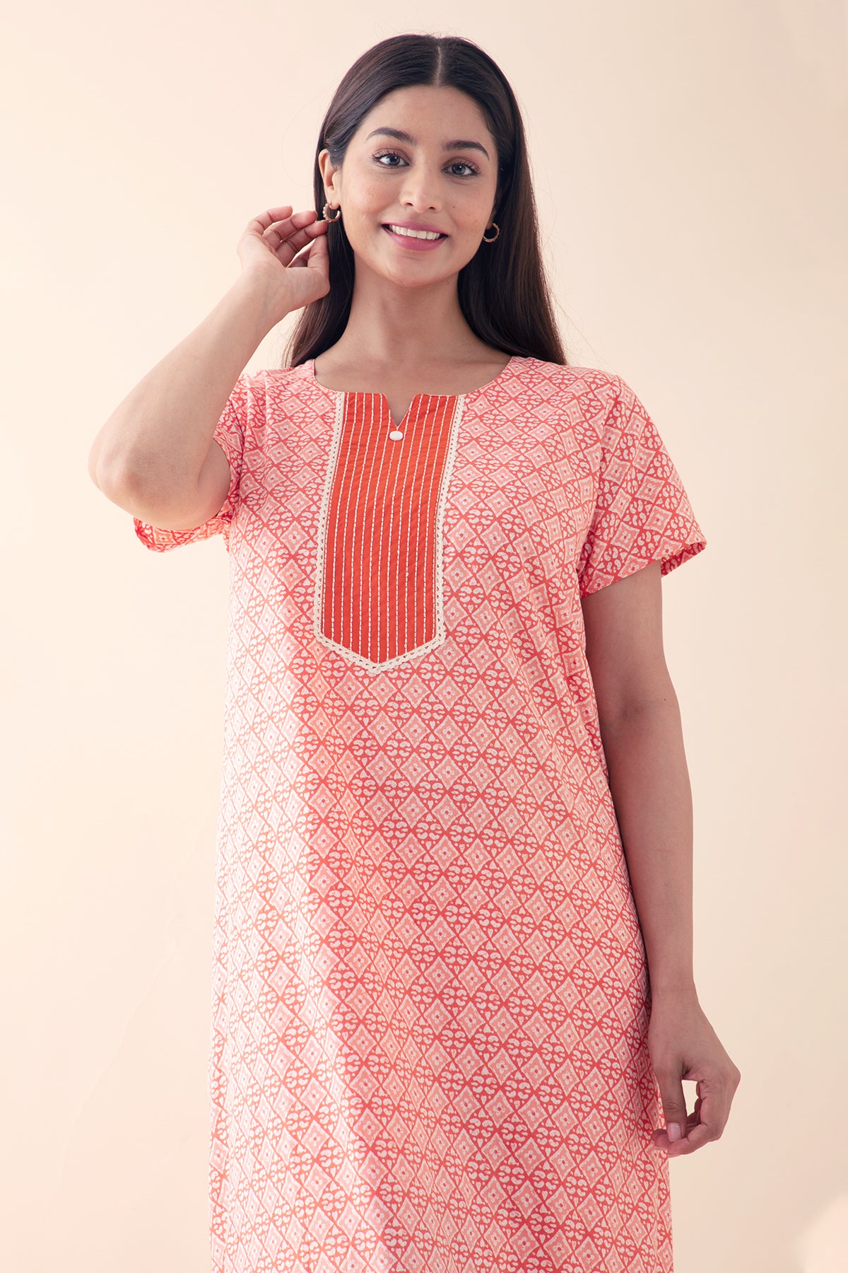 Batik Printed Nighty with Lace Embellishment - Orange