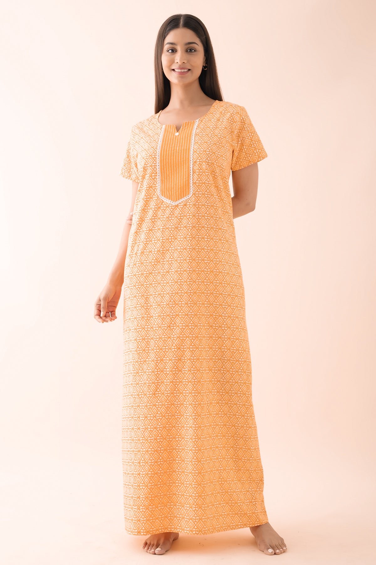 Batik Printed Nighty with Lace Embellishment - Yellow