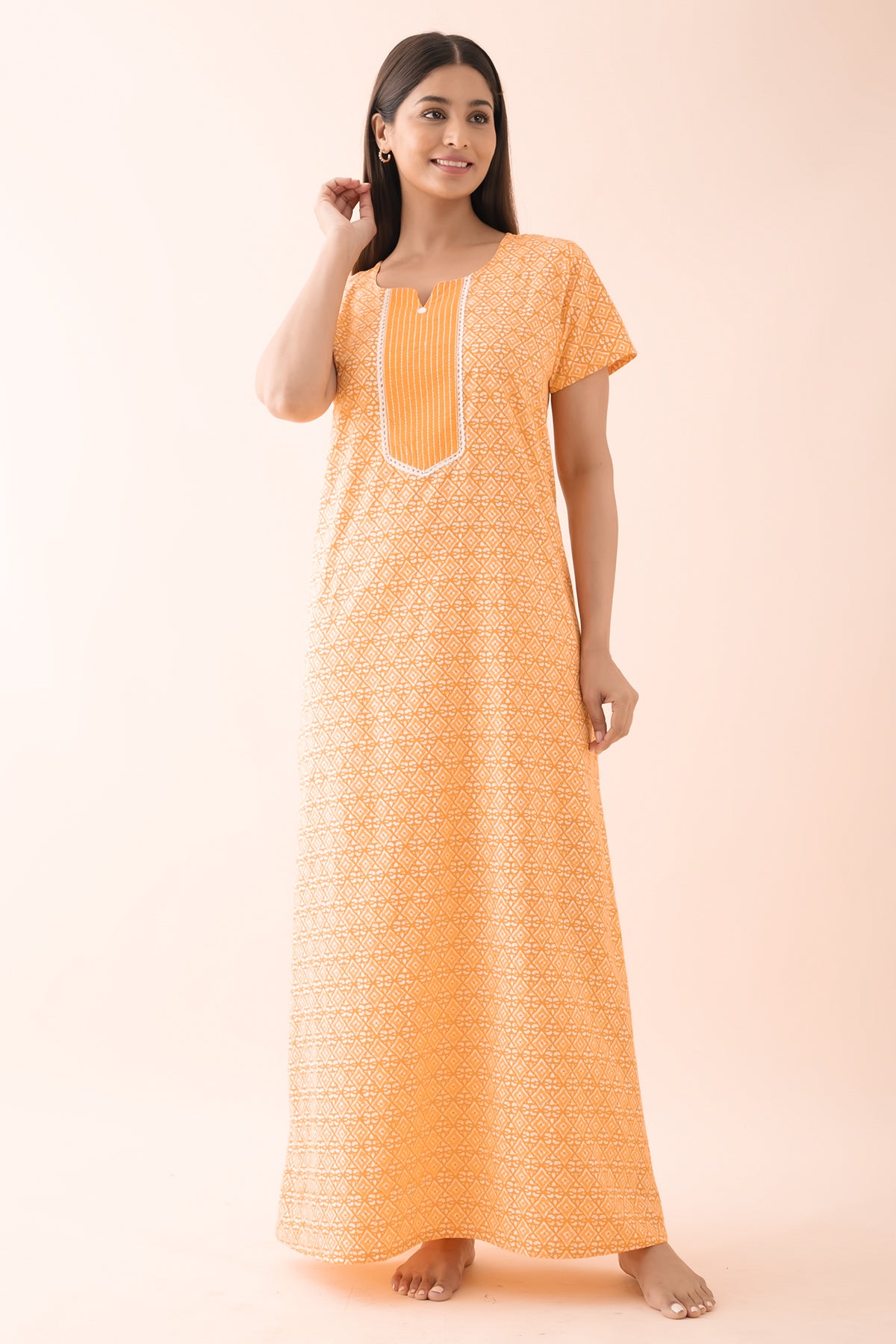 Batik Printed Nighty with Lace Embellishment - Yellow