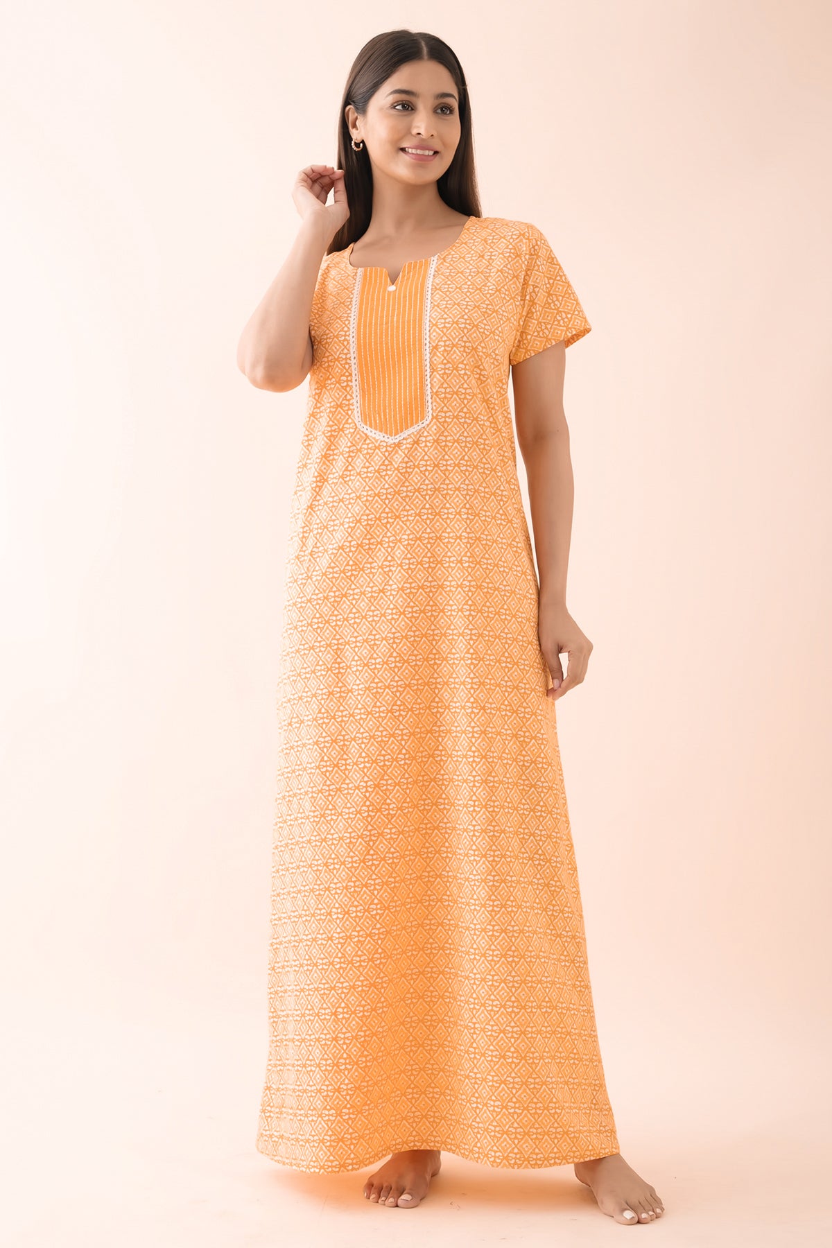 Batik Printed Nighty with Lace Embellishment - Yellow