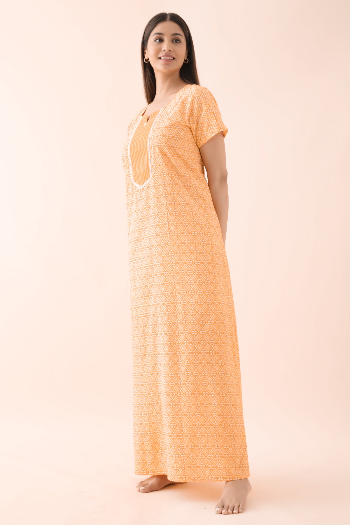 Batik Printed Nighty with Lace Embellishment - Yellow