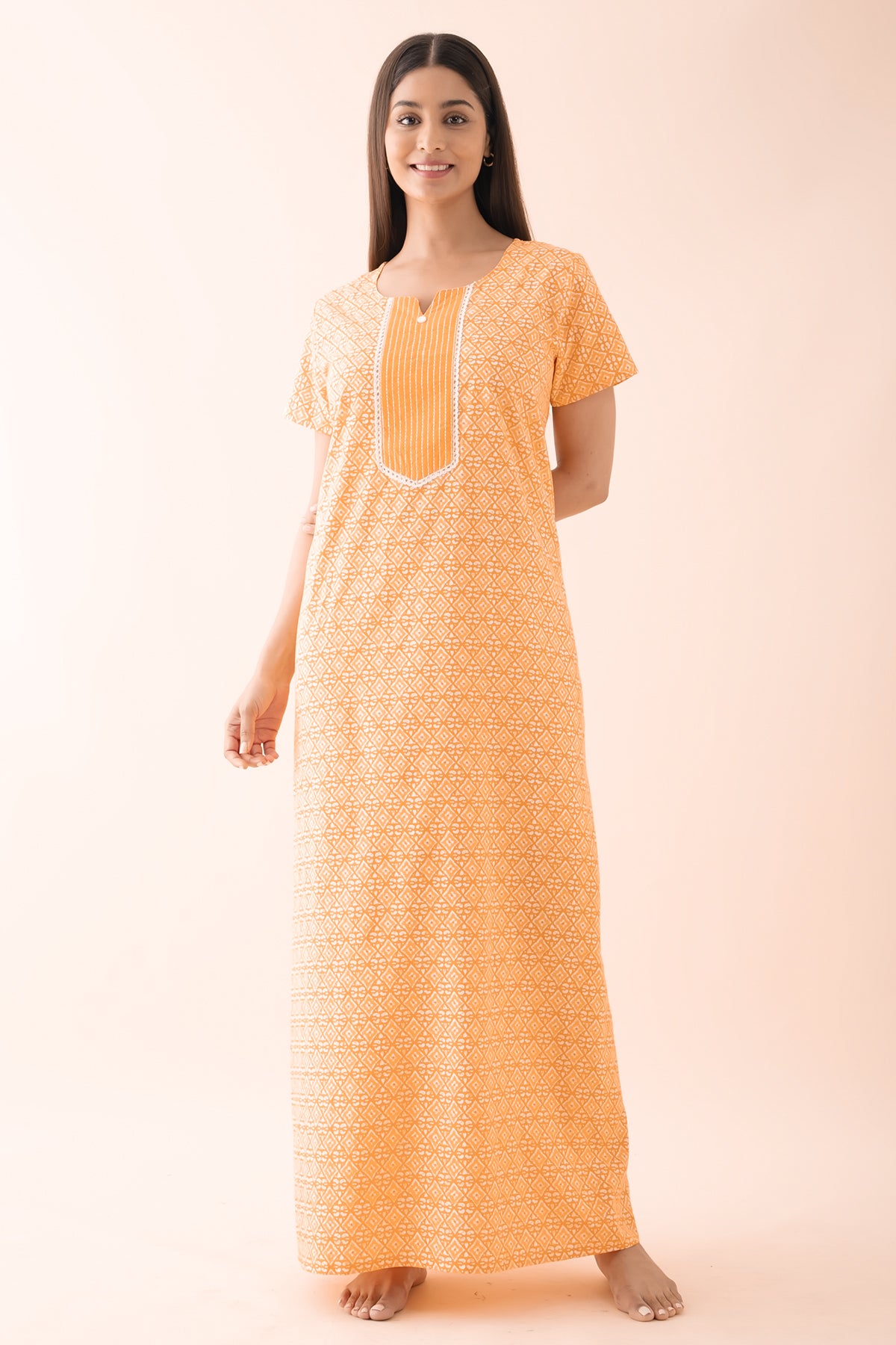 Batik Printed Nighty with Lace Embellishment - Yellow