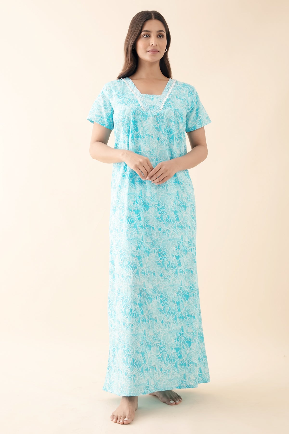 Floral Printed Nighty with Lace Embellishment - Blue