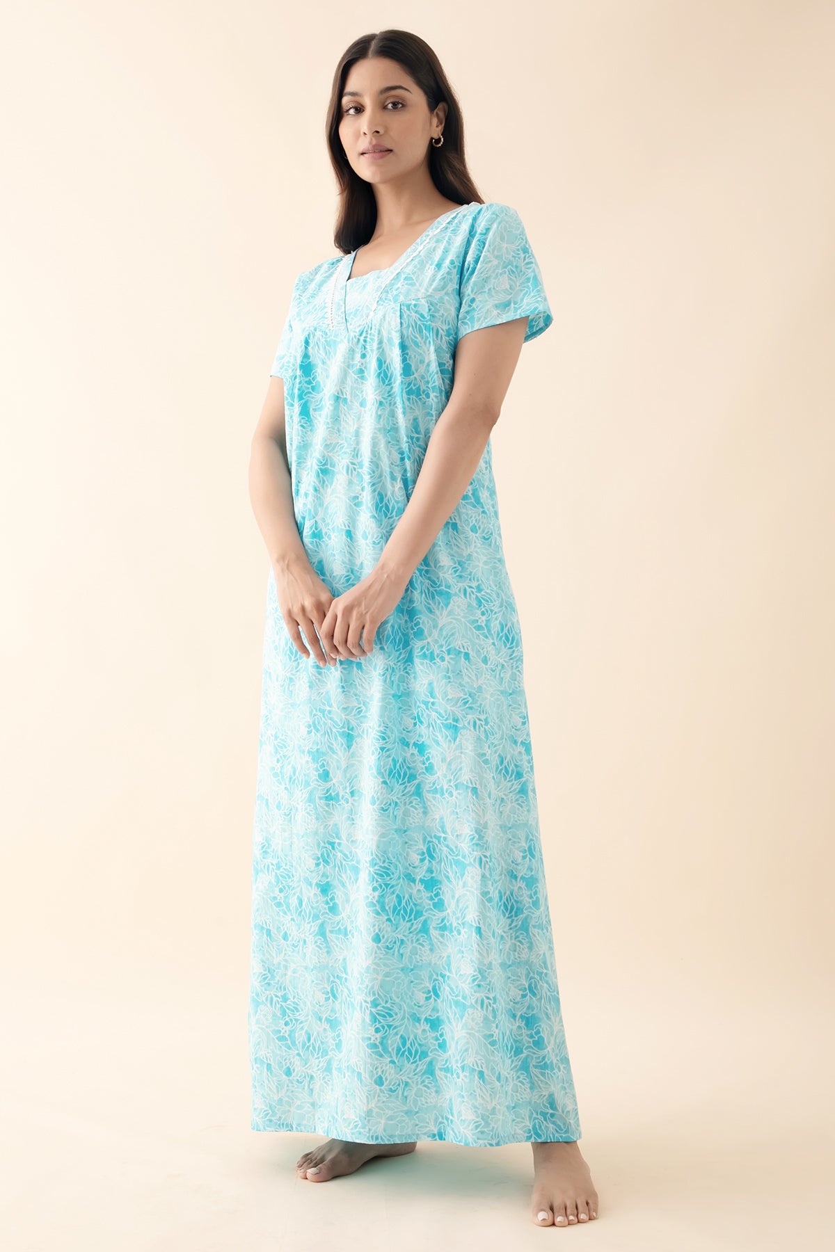 Floral Printed Nighty with Lace Embellishment - Blue