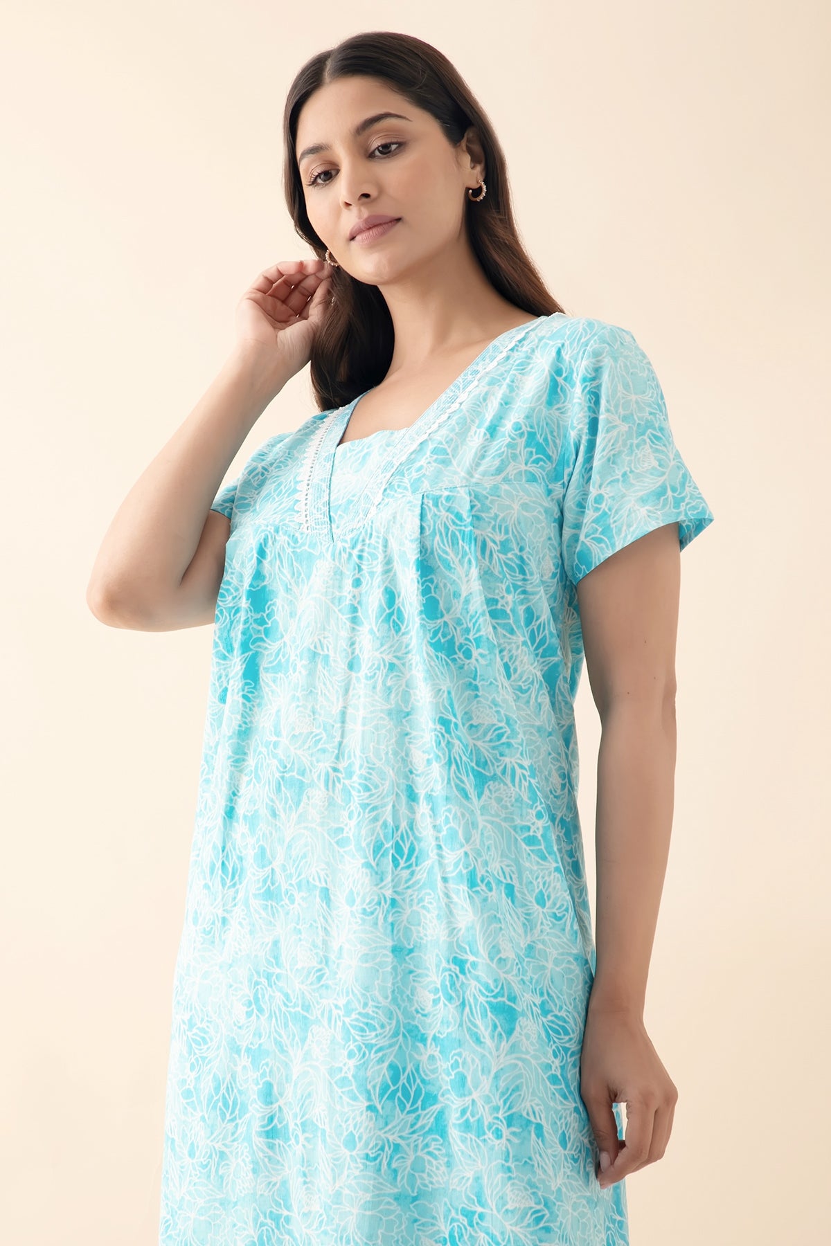 Floral Printed Nighty with Lace Embellishment - Blue