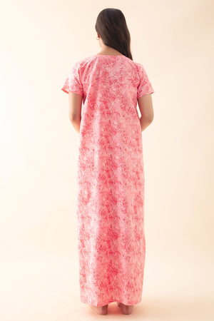 Floral Printed Nighty with Lace Embellishment - Coral