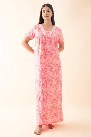 Floral Printed Nighty with Lace Embellishment - Coral