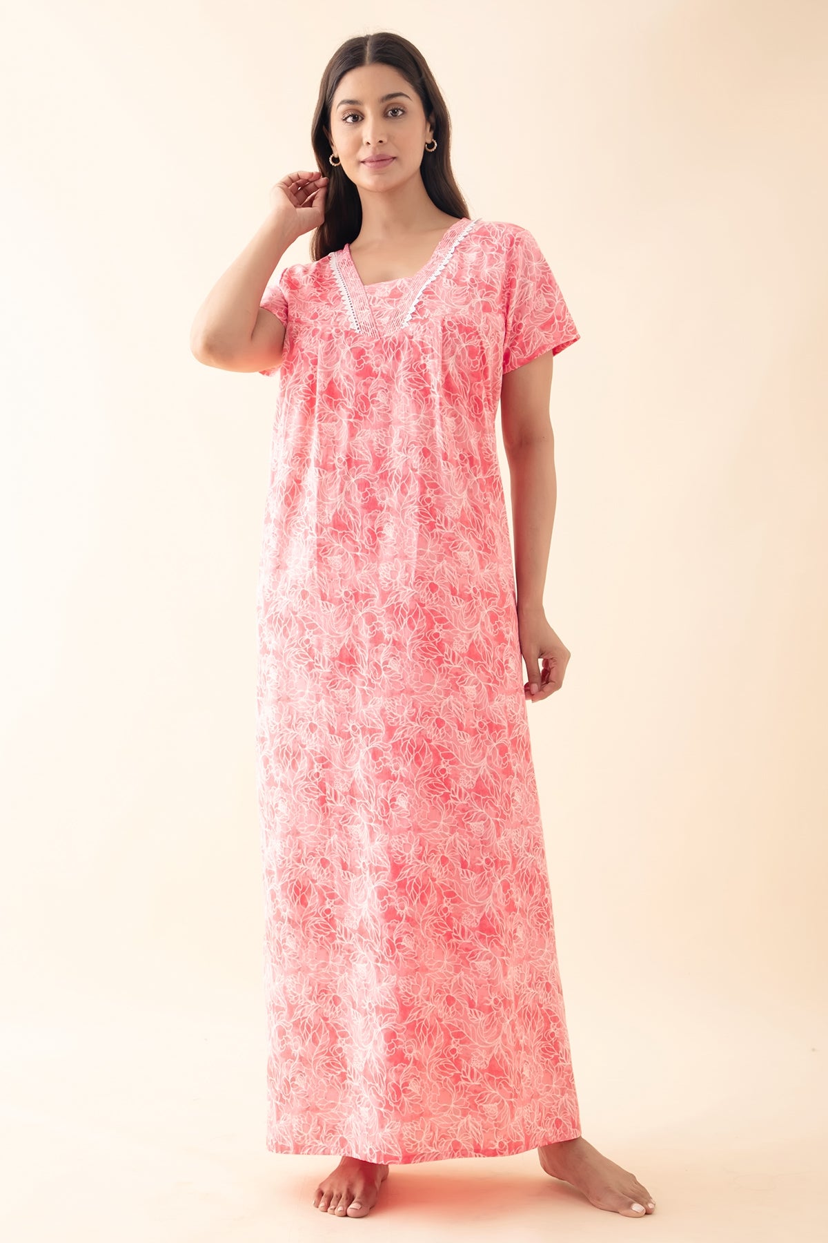 Floral Printed Nighty with Lace Embellishment - Coral