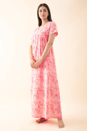 Floral Printed Nighty with Lace Embellishment - Coral