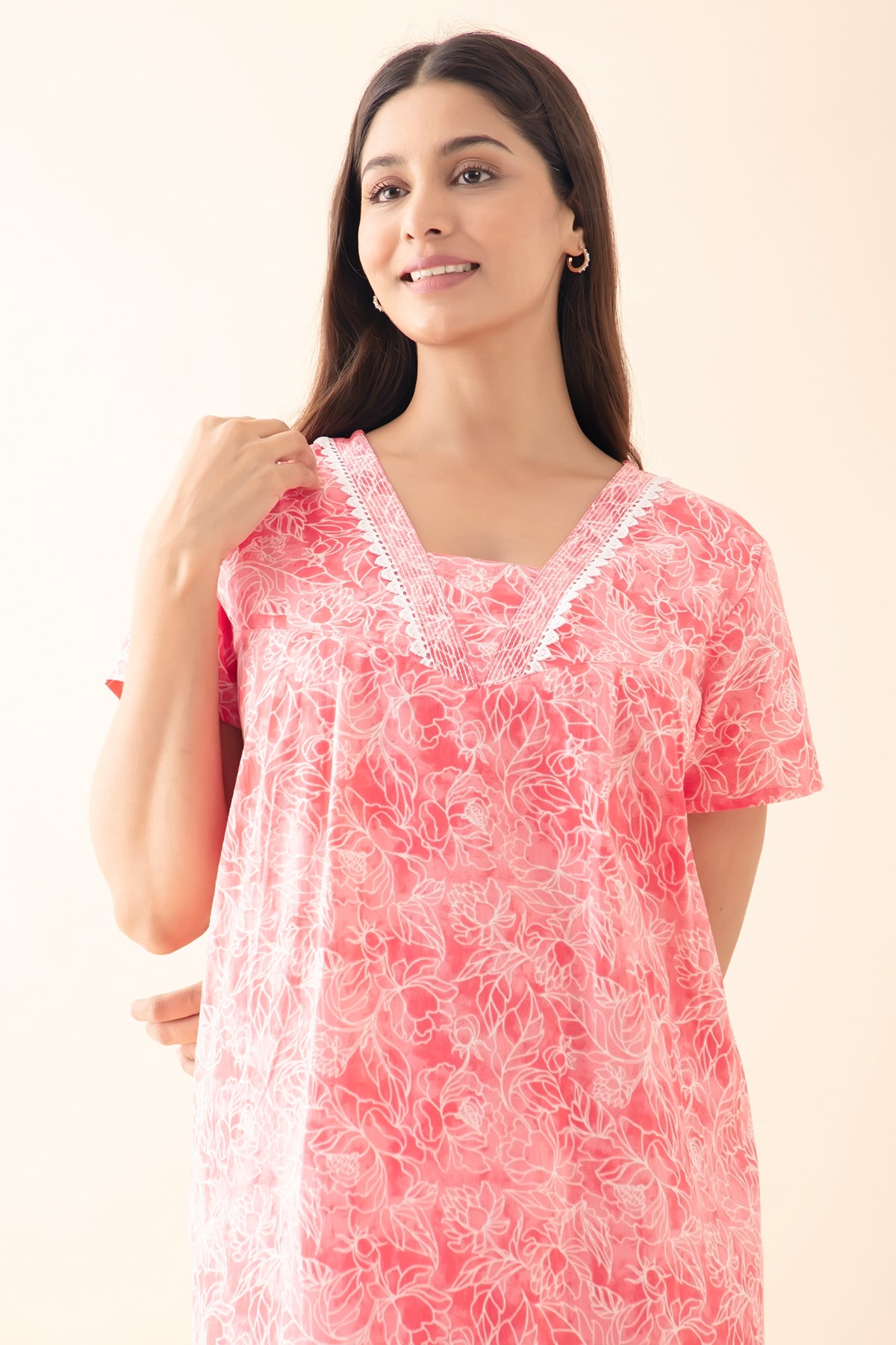 Floral Printed Nighty with Lace Embellishment - Coral