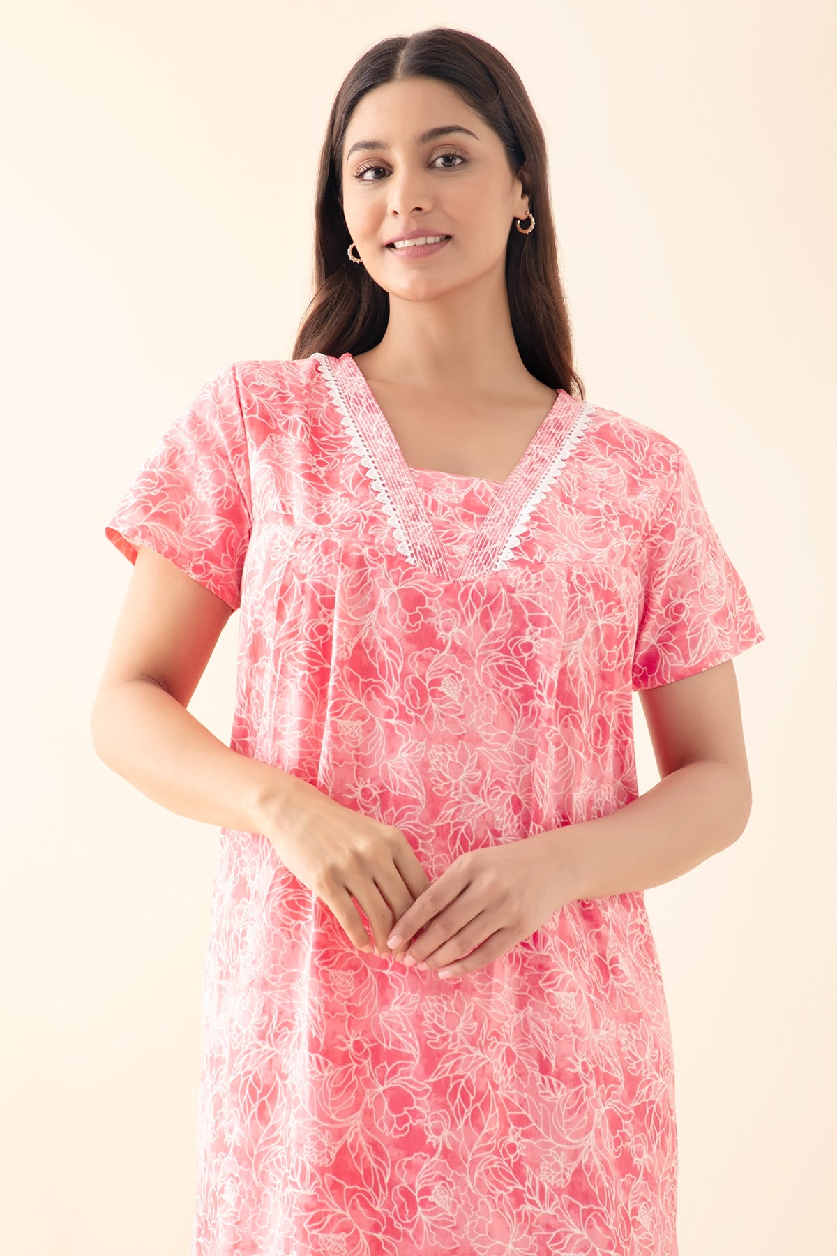 Floral Printed Nighty with Lace Embellishment - Coral