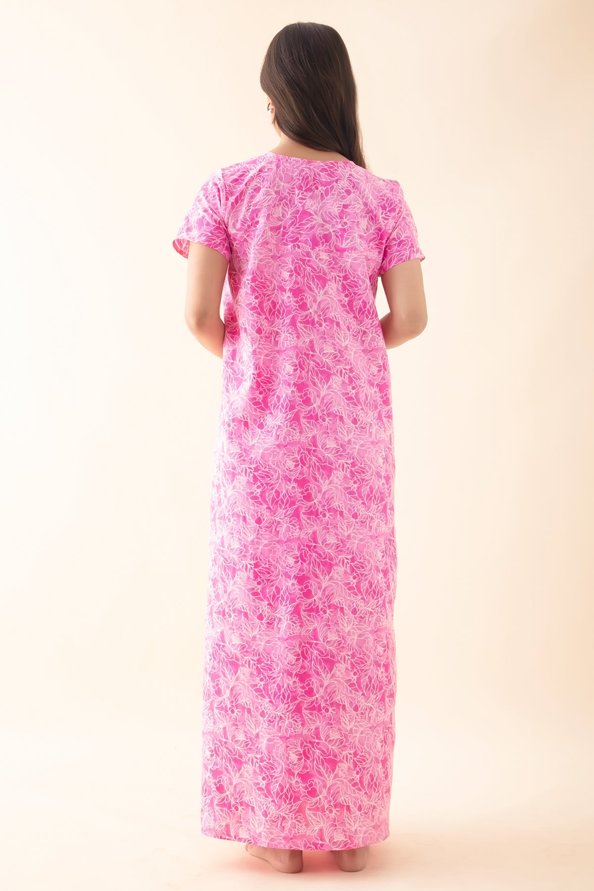 Floral Printed Nighty with Lace Embellishment - Pink