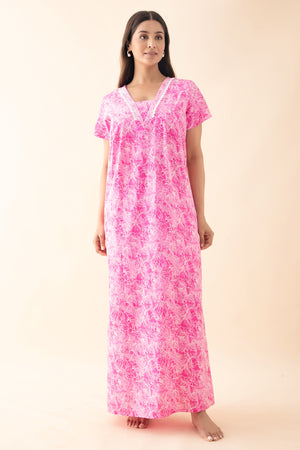 Floral Printed Nighty with Lace Embellishment - Pink