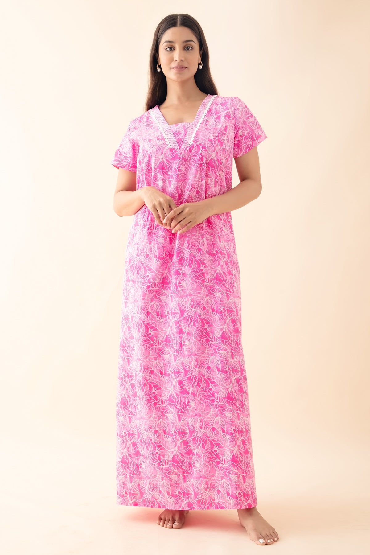 Floral Printed Nighty with Lace Embellishment - Pink