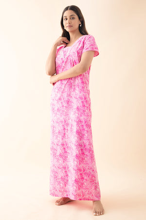 Floral Printed Nighty with Lace Embellishment - Pink