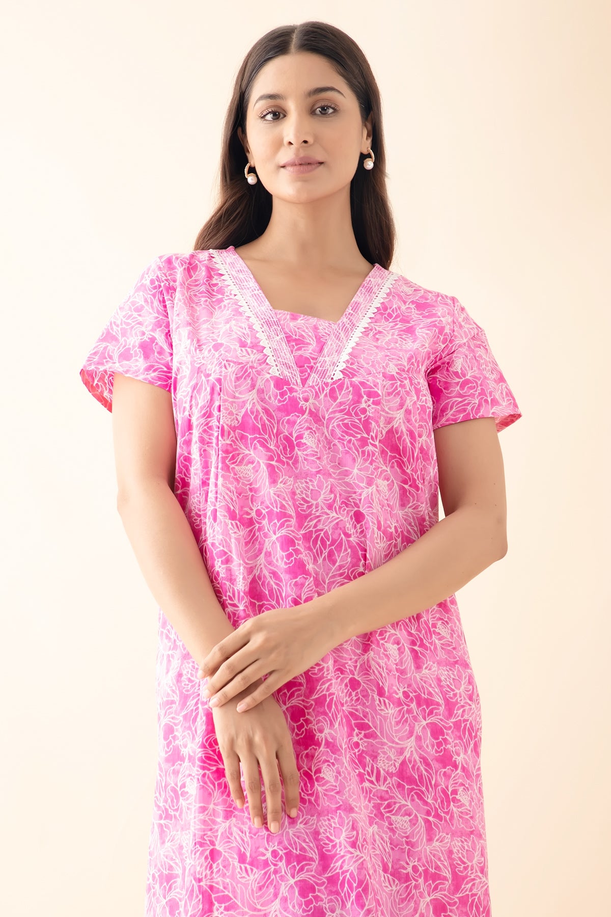 Floral Printed Nighty with Lace Embellishment - Pink