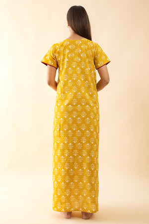 Floral Printed Cotton Nighty with Yoke Patchwork - Mustard