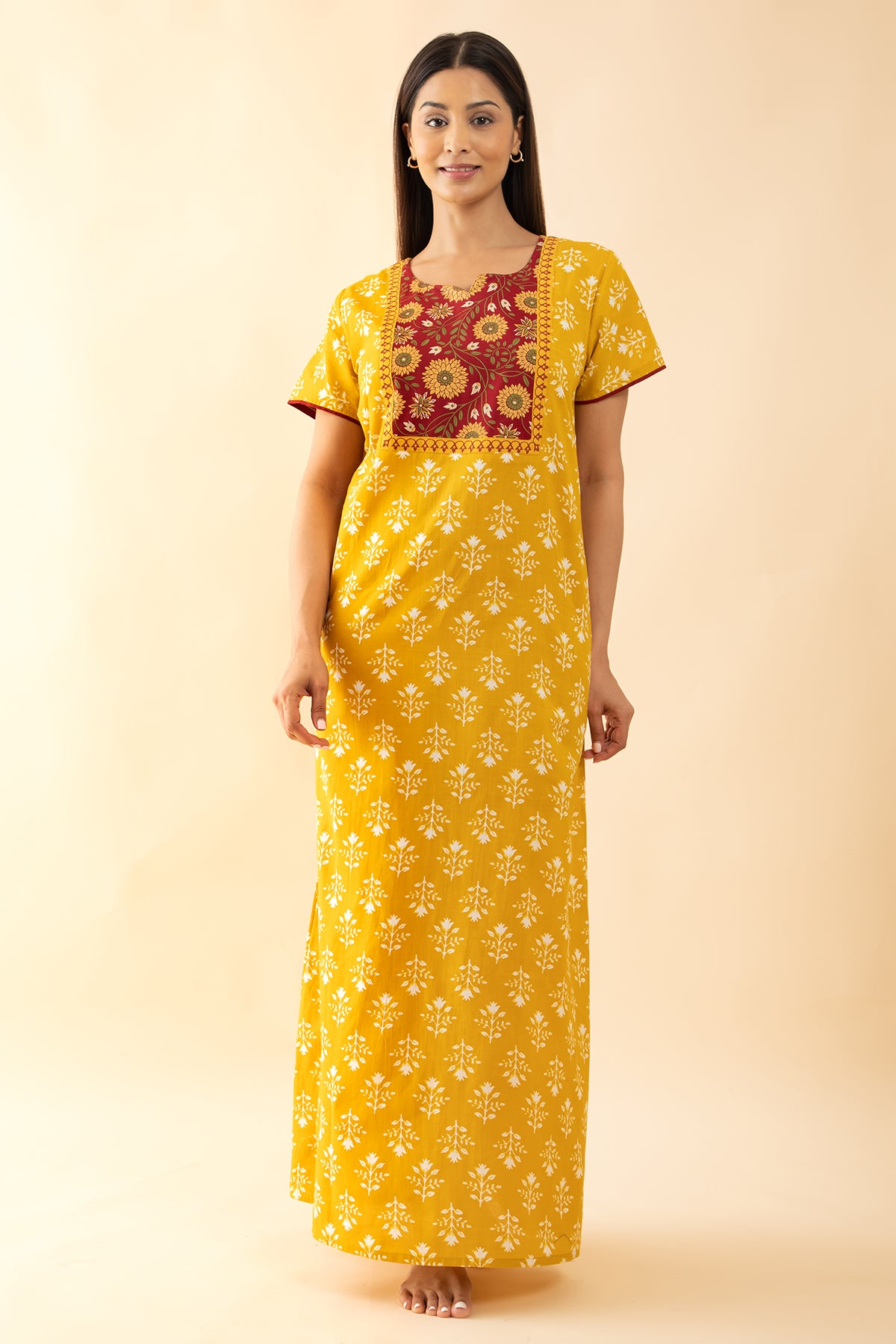 Floral Printed Cotton Nighty with Yoke Patchwork - Mustard