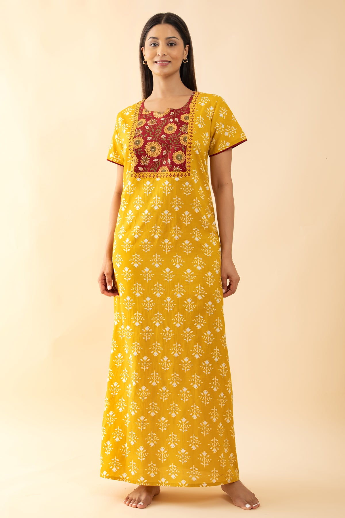 Floral Printed Cotton Nighty with Yoke Patchwork - Mustard