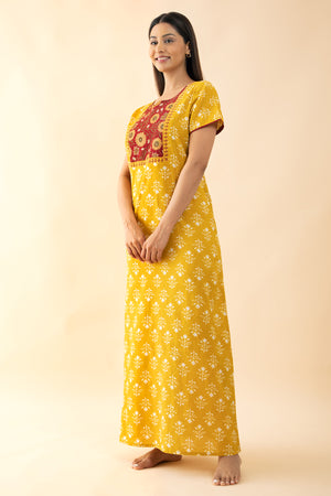 Floral Printed Cotton Nighty with Yoke Patchwork - Mustard