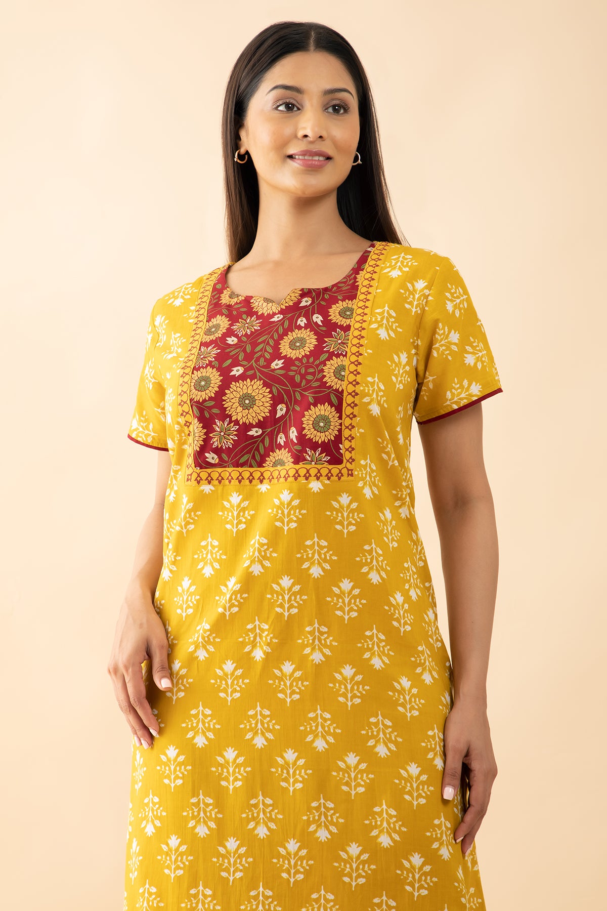 Floral Printed Cotton Nighty with Yoke Patchwork - Mustard