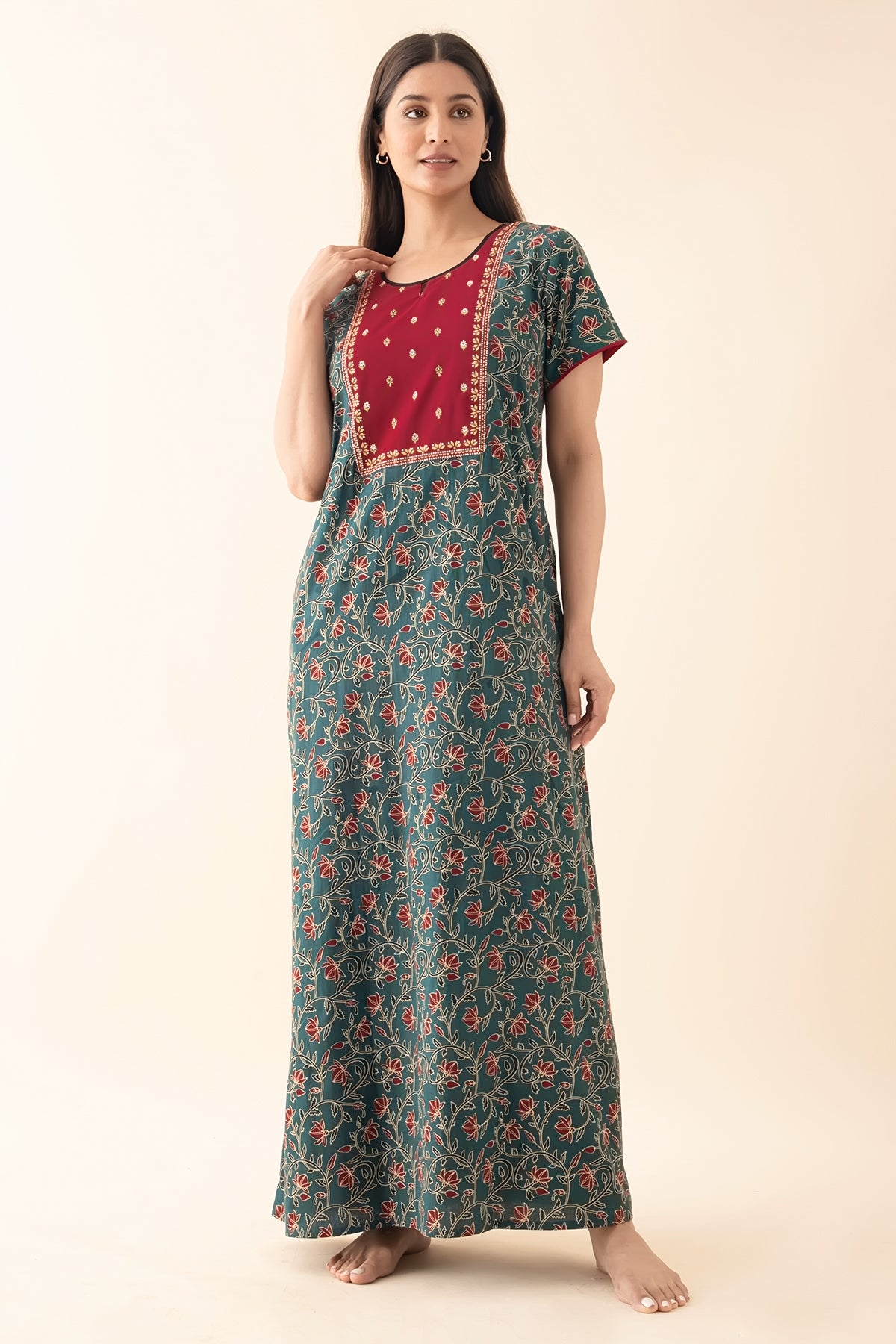 Floral Block Printed Nighty with Yoke Patchwork - Blue